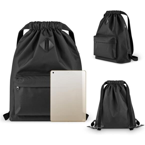 Drawstring Backpack Water Resistant String Bag Sports Gym Sack with Side Pocket - Picture 5 of 7